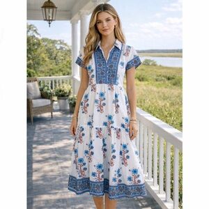 Victoria Dunn Folly Rosa Blockprint Midi Dress Size XS